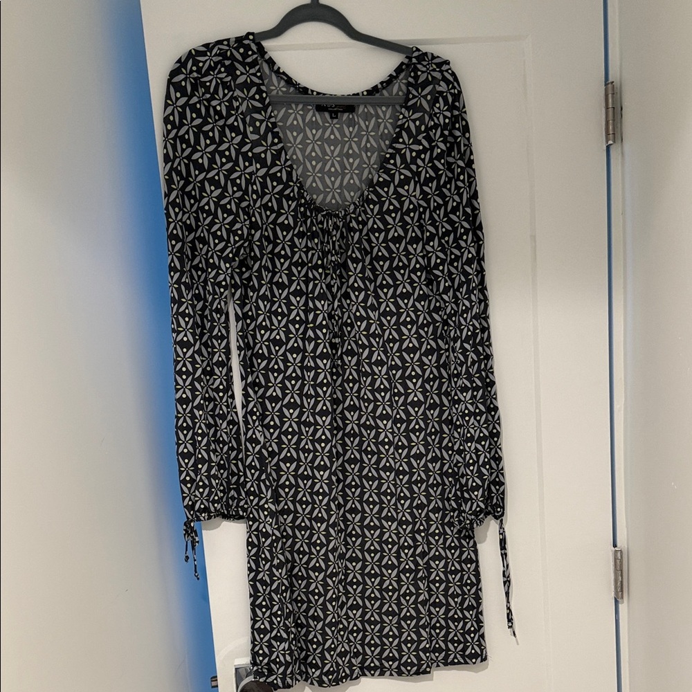 ABS Allen Schwartz Black and White Patterned Long Sleeve Dress